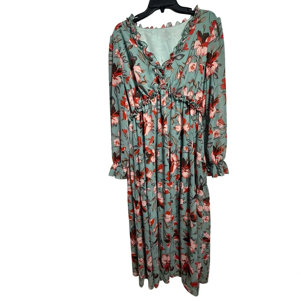 Floral Sage Green  Maxi Dress Women XL Balloon Sleeve V Neck Tiered Boho